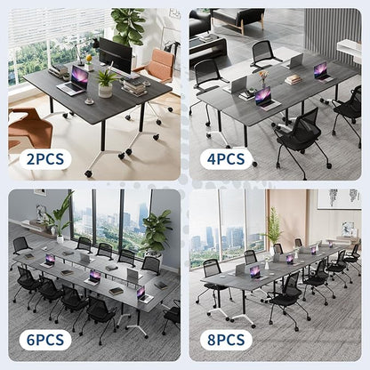 4Packs Folding Conference Table with Silent Wheels,Mobile Flip Top Meeting Room Table for Office Training and Classroom,Foldable Modular Rolling Desk for Home Office,Gray Space-Saving Rectangular