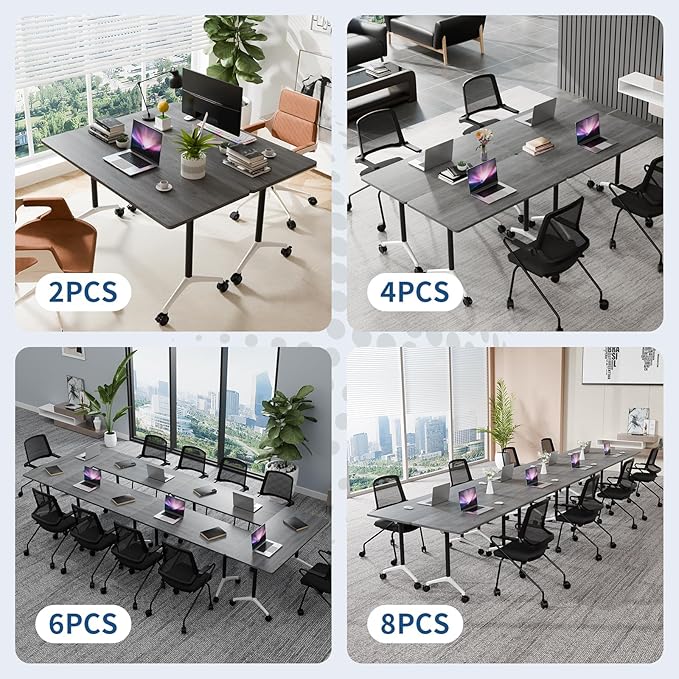 6Packs Folding Conference Table with Silent Wheels,Mobile Flip Top Meeting Room Table for Office Training and Classroom,Foldable Modular Rolling Desk for Home Office,Gray Space-Saving Rectangular