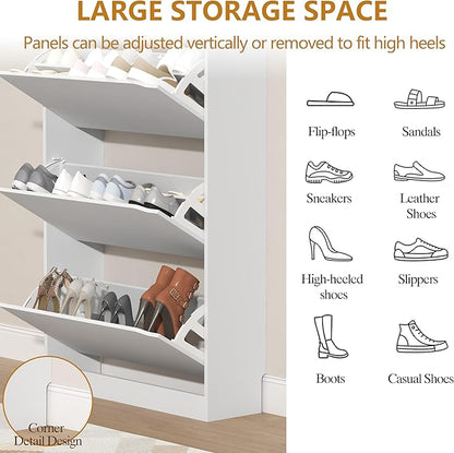 Tall Shoe Cabinet with Coat Rack, Hidden Shoe Storage Cabinet with Doors & Drawer, Hanging Bar & Hooks, Slim Narrow Freestanding Shoe Rack Organizer for Entryway, Hallway & Living Room, White