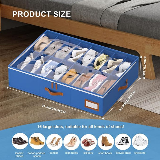 homyfort Shoe Organizer Under Bed, Fits 32 Pairs, Under bed Shoe Storage Boxes with Study Handles and Clear Cover, zapateras organizer for shoes, set of 2