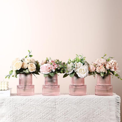 Ribbed Glass Vases, Set of 4 Small Vases for Flowers, Pink Glass Vase for Tulips, Modern Vase for Living Room, Kitchen, Office, Entryway, Bookshelf, Wedding Gifts, Birthday, 6 Inches