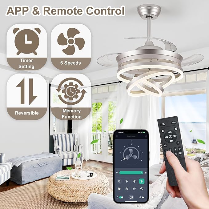 42" Modern Retractable Ceiling Fan with Lights, Fandelier Ceiling Fan with LED Light and Remote&App Control, 6 Speed Reversible 3CCT Chandelier Fan for Bedroom Living Room Dining Room Silver