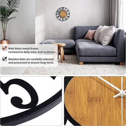 Maxstar Wall Clock Battery Operated,Silent Non-Ticking Modern Rustic Metal Round Clocks Small for Living Room/Bedroom/Office/Kitchen/Farmhouse Home Decor-10 Inch(Yellow-Wood)