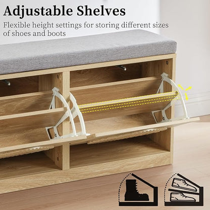 Narrow Shoe Storage Bench for Entryway, Wooden Shoe Cabinet with Flip Drawers& Adjustable Shelves, Shoe Rack Bench with Cushion, Shoe Organizer with Fluted Pattern for Hallway, Living Room (Natural)