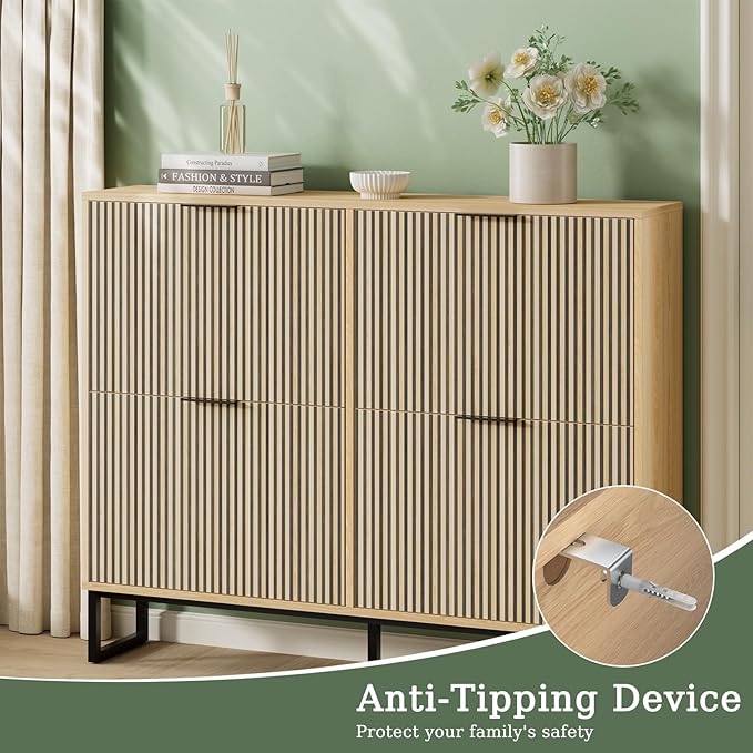 Shoe Cabinet Storage with 4 Flip Drawers, Narrow Hidden Shoe Organizer Cabinet for Entryway, Modern Freestanding Slim Shoe Rack Organizer Shoe Cupboard for Hallway, Natural Wood