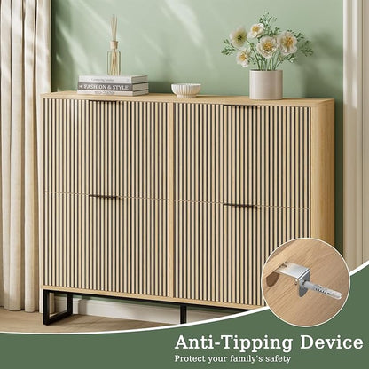 Shoe Cabinet Storage with 4 Flip Drawers, Narrow Hidden Shoe Organizer Cabinet for Entryway, Modern Freestanding Slim Shoe Rack Organizer Shoe Cupboard for Hallway, Natural Wood