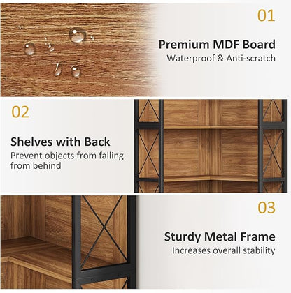 Condemo 5-Tier L Shaped Bookshelf, Vintage Industrial Corner Bookcase, Large Tall Storage Shelves Display Rack with Metal Frame for Living Room, Home Office, Bedroom, Light Brown