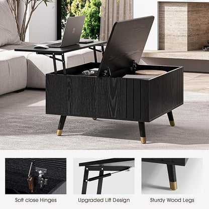 JOINICE 32" Square Lift Top Coffee Table with Storage, Modern Black Center Table for Living Room, Minimalist Wood Cocktail Table with Rising Desktop, Home Office