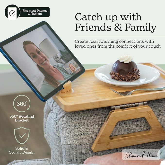 Shamrock Home Bamboo Couch Arm Table with Device Holder, Clip On Tray. for TV Dinners, Remotes, Drinks, Snacks and Small Spaces (Rectangular with Device Holder, Beige, Regular 13.75 x 9.5)