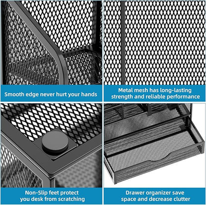 Marbrasse Mesh Pen Holder for Desk, Multi-Functional Pencil Organizer with Drawer, Desk Organizers and Accessories for Office Art Supplies (Black)