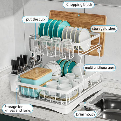 7 code Large Dish Drying Rack, 2-Tier Dish Racks for Kitchen Counter, Detachable Large Capacity Dish Drainer Organizer with Utensil Holder, Dish Drying Rack with Drain Board, White