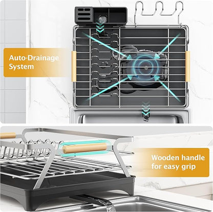 Epicano Dish Drying Rack for Kitchen Counter,Space-Saving Dish Rack,Rustproof Dish Drainer with Utensil Holder and Knife Slots for Sink,Kitchen Drying Rack with Wooden Handle and Cup Holder, Silver