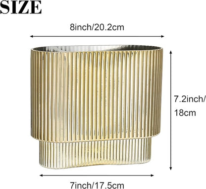 Ribbed Vase, Gold Glass Vase for Flowers, Gold Flower Vases for Tulips, Modern Vases for Living Room, Dining Table, Office, Bedroom, Mantle, Shelf, Wedding, 7 Inch