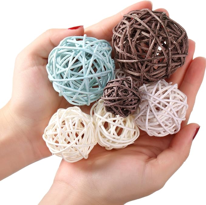 Patelai 36 Pcs Wicker Rattan Balls Decorative Balls for Vase Centerpiece Bowls Orbs Filler for Home Decor,4 Sizes(Blue, Light Brown, Dark Brown, White)
