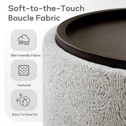 Zihanhome 30 Inch Round Storage Ottoman, Ottoman Coffee Table with Lift Off Lid, Boucle Modern Ottomans with Storage for Living Room, Bedroom, Apartments (White and Gray Striped)