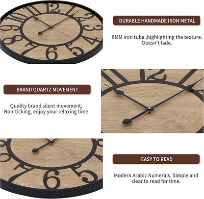 LEIKE Large Wall Clocks Living Room Decor,Non Ticking Silent,Battery Operated Small Round Modern Wood Wall Clock for Bedroom,Kitchen,Farmhouse,Office Vintage Home Decor-13.5" -Arabic Number