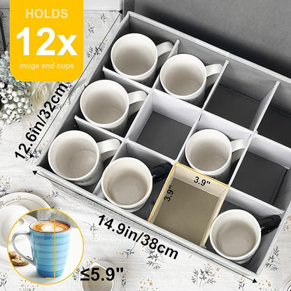 homyfort Mug and Wine Glass Storage Box with Dividers, Stemware Storage Cases and Coffee Cup Storage Organizer, China Crystal Storage Containers Hard Shell for Glassware Protection and Moving (Grey)