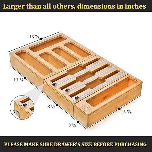 9 IN 1 Bamboo Foil and Plastic Wrap Organizer for Kitchen Drawer, Plastic Bag Organizer Organization and Storage, Food Storage Bag Organizer with Labels for Quart Gallon Snack Sandwich