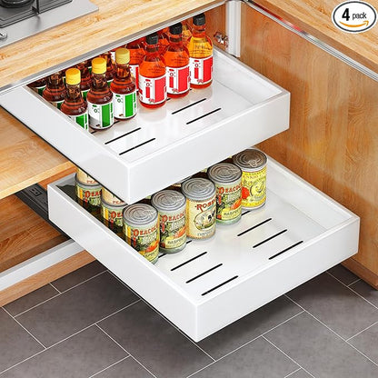4 Pack Pull out Cabinet Organizer, 21"Deep, Heavy Duty Full-extension Slide out Drawers for Kitchen Cabinet, Roll out Shelf Storage with Nano Adhesive for Pots, Bathroom, Pantry, Home, White