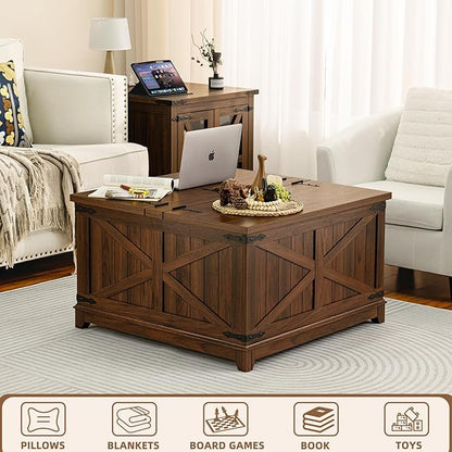 Farmhouse Coffee Table Sets 2 Pieces, Large End Side Tables with Charging Station and Coffee Table with Hidden Storage Compartment, Black Living Room Table Set, Wood Furniture Sets for Home Office