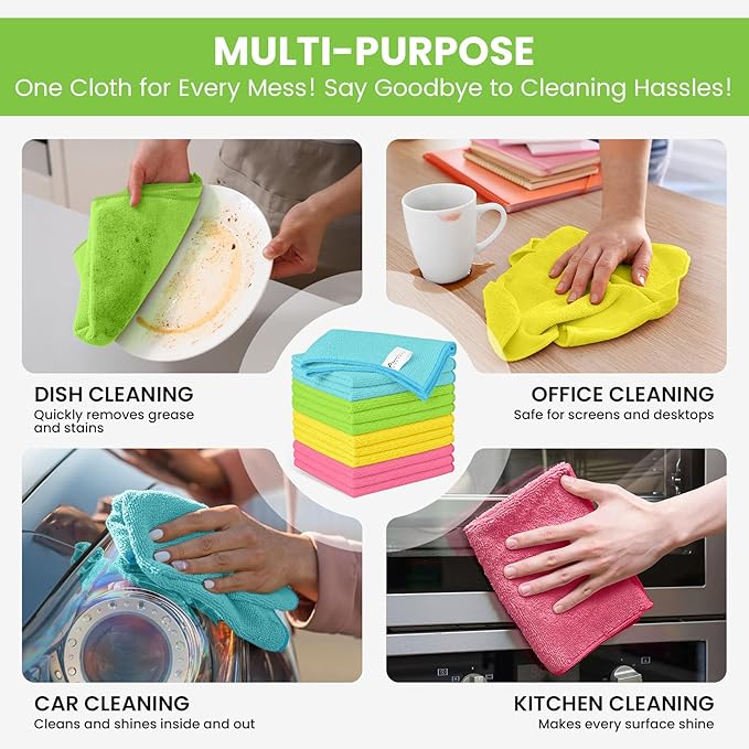 34 Pack Microfiber Cleaning Cloth, 4 Assorted Colors Cleaning Rags for Housekeeping, Colorful Reusable Microfiber Towels for Car, Kitchen, Bathroom and Household Cleaning Supplies, 11.8"X11.8"