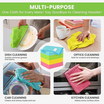 12 Pack Microfiber Cleaning Cloth, 4 Assorted Colors Cleaning Rags for Housekeeping, Colorful Reusable Microfiber Towels for Car, Kitchen, Bathroom and Household Cleaning Supplies, 11.8"X11.8"