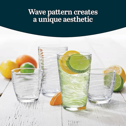 Libbey Orbita Rocks and Tumbler Drinking Glasses Set of 16, Durable Glass Cups Set with Wave Pattern, Glassware Drinking Glasses for Any Occasion