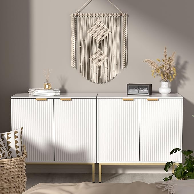 Fluted Sideboard, Buffet Cabinet with Storage, Wooden with Doors and Shelves, Accent Cabinet for Living Dining Room, Entryway