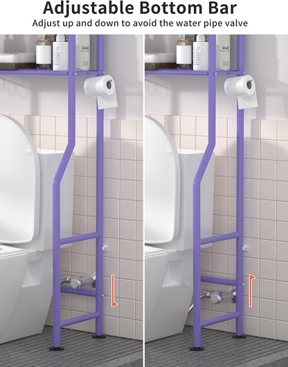 Livilord 3-Tier Over The Toilet Storage, Freestanding Metal Bathroom Shelves with 4 Hooks, Over Toilet Storage Shelf with Paper Holder, Above The Toilet Shelf for Bathroom Storage, Purple