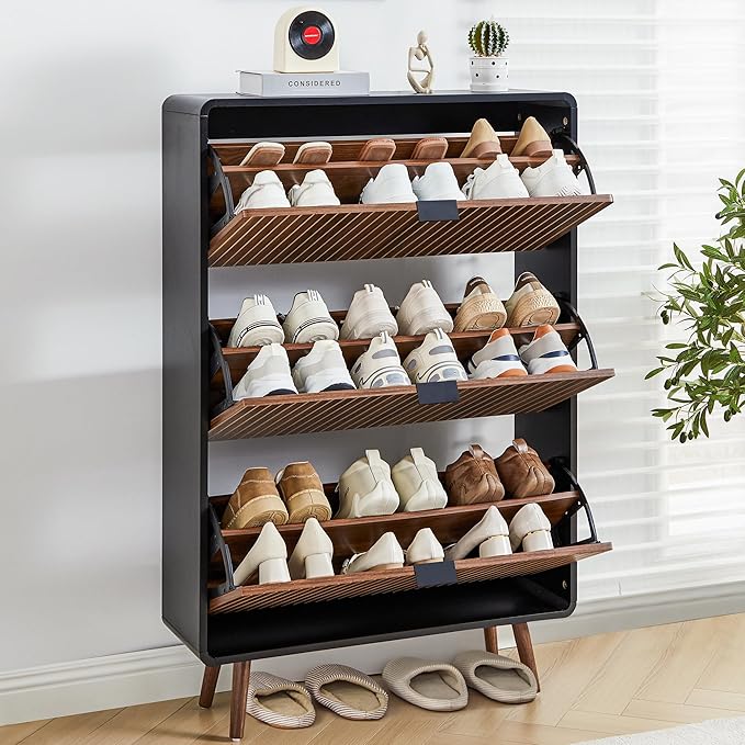 47" Fluted Shoe Cabinet with 3 Flip Drawers, Slim Freestanding Hidden Shoe Cabinet Organizer, Narrow Shoes Storage Rack for Entryway(Walnut with Black, 3 Drawers)