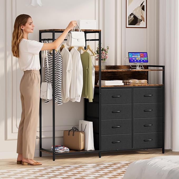 58" H Dresser for Bedroom with Hanging Rack,8 Drawers Freestanding Clothing Rack, Large Capacity Storage Organizer with USB Charging Station & LED Lights for Bedroom Dorm Room Apartment,Grey