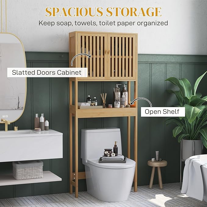 HOMCOM Bamboo Over The Toilet Storage Cabinet, Over Toilet Bathroom Organizer with Slatted Doors, Adjustable Shelf and Open Shelf, Natural