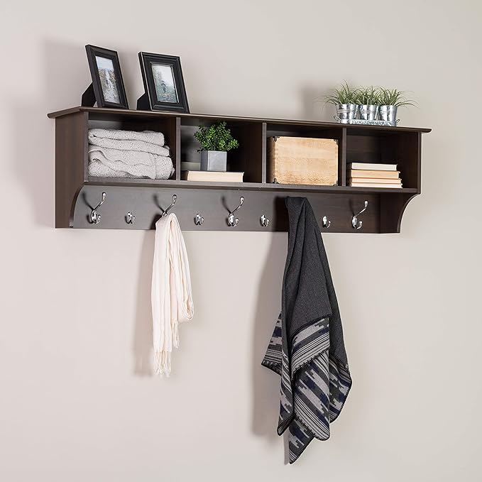 Prepac 60" Contemporary Wall Mounted Coat Rack, Coat Hooks Wall Mount with 4 Shelves, Ideal for Hallway or Entryway Hanging Solution, 11.5"D x 60"W x 16.5"H, Espresso