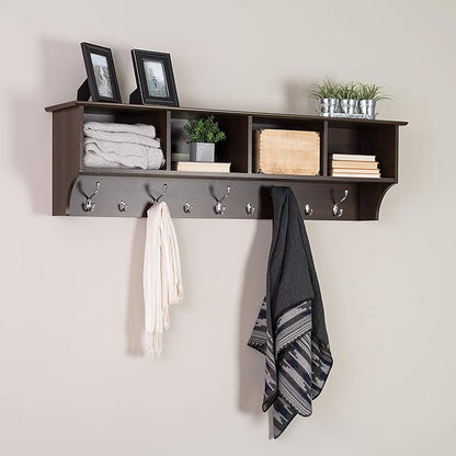 Prepac 60" Contemporary Wall Mounted Coat Rack, Coat Hooks Wall Mount with 4 Shelves, Ideal for Hallway or Entryway Hanging Solution, 11.5"D x 60"W x 16.5"H, Espresso