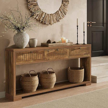 LITTLE TREE 70.8-Inch Long Console Table with 3 Drawers, Narrow Farmhouse Entryway Table for Hallway, Entry, Behind Couch, Living Room, Sofa, Entrance, Foyer with 2-Tier Shelves, Rustic Brown