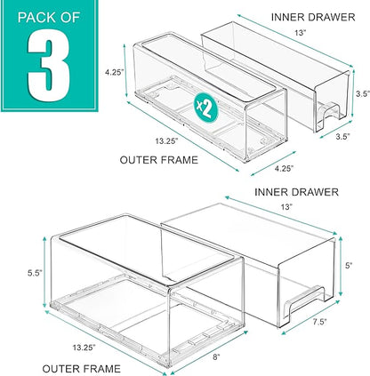 Sorbus 1 Large & 2 Small Clear Stackable Storage Drawers – Plastic Organizer Bins with Handles – Stackable Pull-Out Storage Drawers for Closet, Pantry, Office, Bathroom, Craft, and Toy Organization