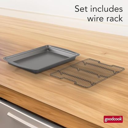 GoodCook 15” x 10.5” Nonstick Carbon Steel Baking Pan & Raised Wire Rack – Pizza Crisper,Crispy Bacon,Multipurpose Cooking Sheet Pan,Cooling Rack,Kitchen Cookware Set,Dishwasher Safe,(Pack of 12)
