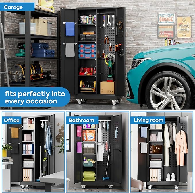 Garage Storage Cabinet with Wheels and 5 Pegboard, Metal Storage Cabinets with 2 Doors and 4 Shelves, Broom Closet Storage Cabinet with Hanging Rod and 13 Hooks, 70.87" Hx33.5 Wx17.7 D, Black