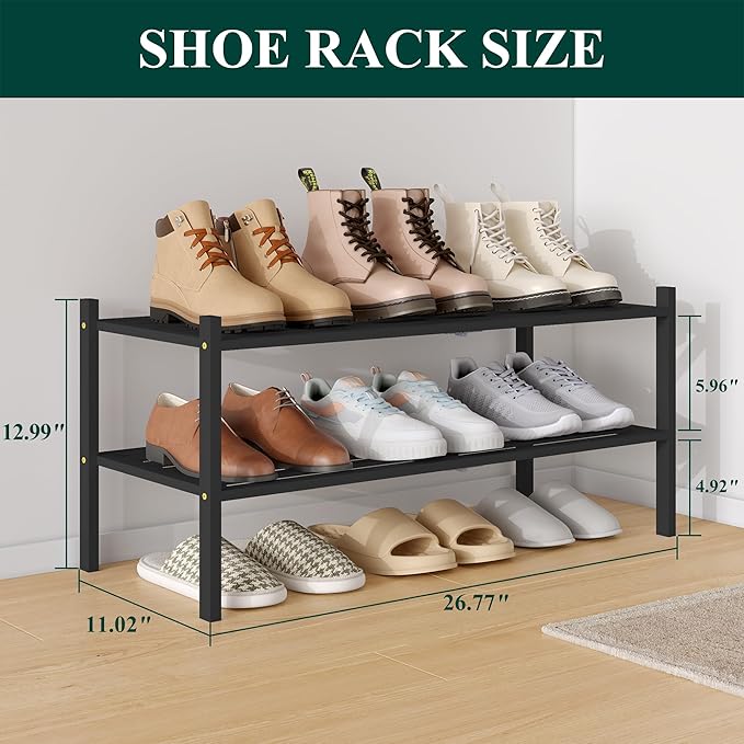 Smiry Bamboo Shoe Rack 2-Tier, Stackable Wooden Shoe Organizer for Entryway & Closet, Free Standing Wood Shoe Storage Shelf for Front Door & Small Spaces, Black