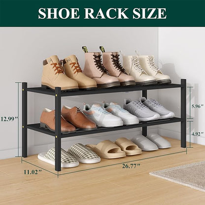 Smiry Bamboo Shoe Rack 2-Tier, Stackable Wooden Shoe Organizer for Entryway & Closet, Free Standing Wood Shoe Storage Shelf for Front Door & Small Spaces, Black