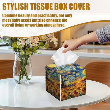 Starry Night Sunflower Tissue Box Cover 2PCS, Leather Tissue Box Holder Square Facial Paper Case Tissue Box Cube Organizer for Bathroom Bedroom Desk Office