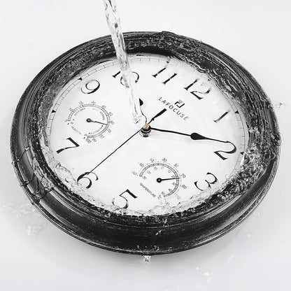 Lafocuse Black Outdoor Wall Clocks Waterproof for Patio with Thermometer, 12 Inch Hygrometer Wall Clock for Kitchen Bathroom Garage