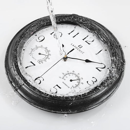 Lafocuse Black Outdoor Wall Clocks Waterproof for Patio with Thermometer, 12 Inch Hygrometer Wall Clock for Kitchen Bathroom Garage