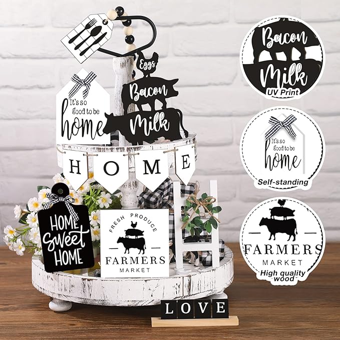 Set of 11 Home Tiered Tray Decor Spring Welcome Rustic Farmhouse Tiered Tray Decorations Set Home Wooden Signs Vintage Farm Animal Farmhouse Tabletop Wood Sign for Kitchen Table Shelf Decor