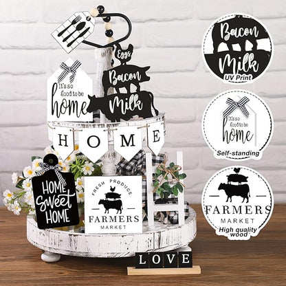 Set of 11 Home Tiered Tray Decor Spring Welcome Rustic Farmhouse Tiered Tray Decorations Set Home Wooden Signs Vintage Farm Animal Farmhouse Tabletop Wood Sign for Kitchen Table Shelf Decor