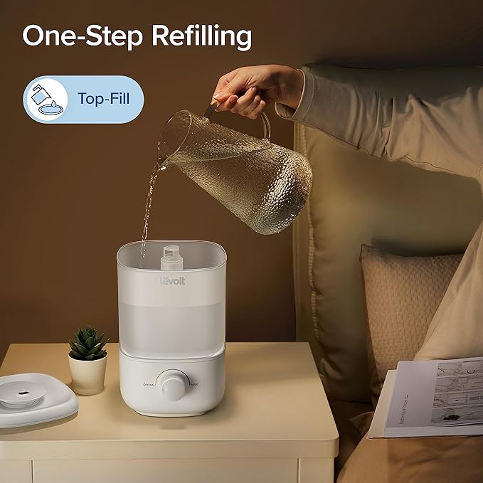 LEVOIT Top Fill Humidifiers for Bedroom, 2.5L Tank for Large Room, Easy to Fill & Clean, 28dB Quiet Cool Mist Air Humidifier for Home Baby Nursery & Plants, Auto Shut-off for Safety, 25H