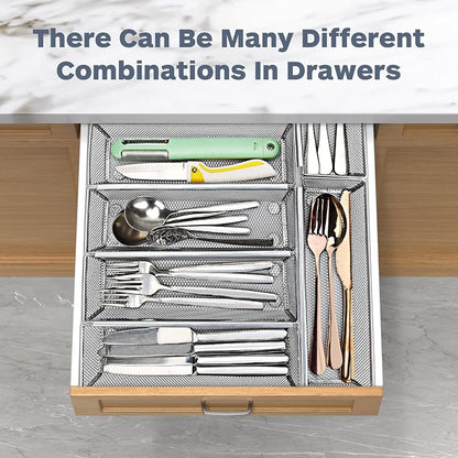 Smgmg Silverware Drawer Organizer, Cutlery Drawer Organizer, 6 Pack Utensil Drawer Organizer, Kitchen Utensils, Flatware Organizer with Interlocking Arm (9.6 * 3 * 2 inch, Grey)