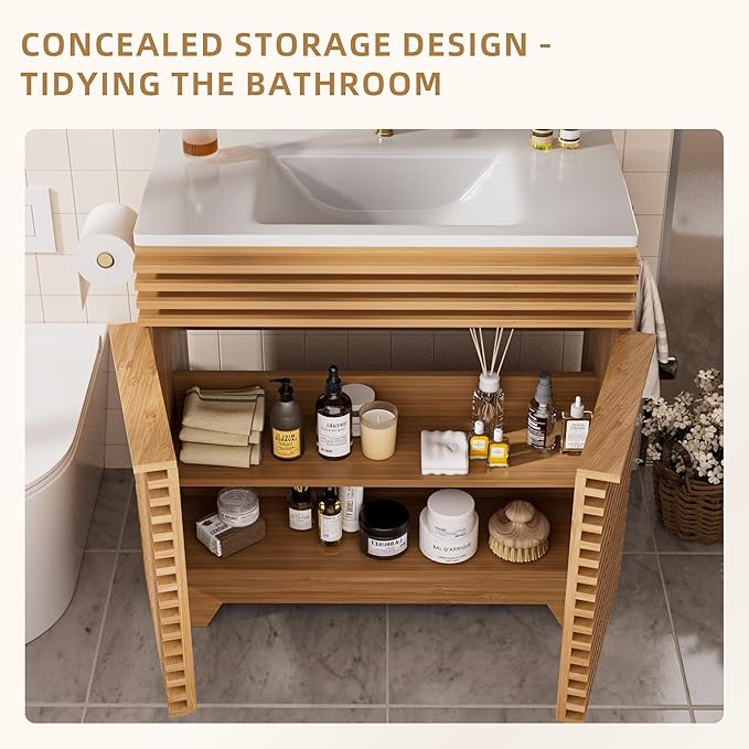 VNN 36 Inch Bathroom Vanity with Ceramic Sink - Freestanding Modern Bathroom Storage Vanity Cabinet with Fluted Design, Soft-Close Doors, Shelves, Toilet Paper Holder & Towel Hooks, Natural Oak