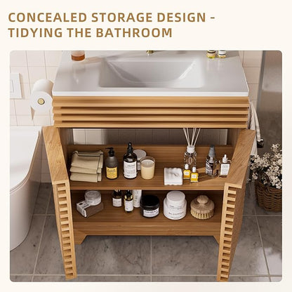 VNN 36 Inch Bathroom Vanity with Ceramic Sink - Freestanding Modern Bathroom Storage Vanity Cabinet with Fluted Design, Soft-Close Doors, Shelves, Toilet Paper Holder & Towel Hooks, Natural Oak