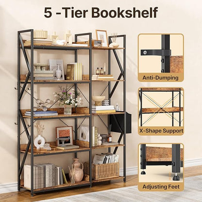 Gizoon 5 Tier Corner Bookshelf, 65" H Reversible Bookshelf, Industrial Bookcase with 4 Hooks and Storage Basket, Sturdy Metal Frame, Adjustable Feet, for Living Room, Kitchen, Office, Retro